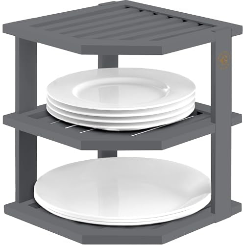 Grey Plate Organizer for Cabinet - 3 Tier Gray Bamboo Corner Cabinet Organizer Shelf for Plates Bowls Mugs Cups, Kitchen Cabinet Organizer, Cabinet Shelf Organizer, Countertop Rack, 10 x 10 x 9.5 Gray - color: Grey