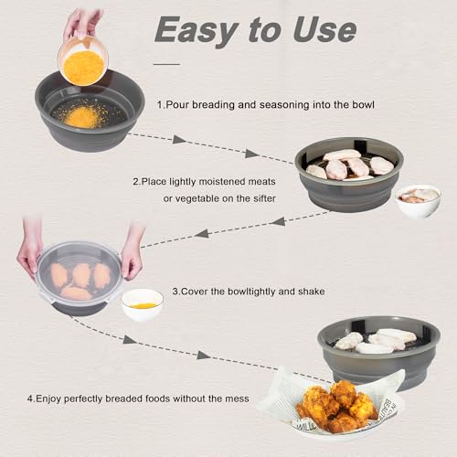 FJNATINH Collapsible Batter Bowl - Mess Free Better Breader Shaker Bowl with Lid Breading Shaker Container - Great for Fried Fish, Fried Chicken, Onion Rings, Wings & More,No Leak,Easy to Store,Gray - color: Gray