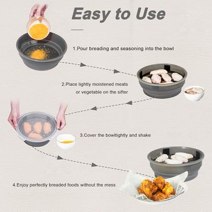 FJNATINH Collapsible Batter Bowl - Mess Free Better Breader Shaker Bowl with Lid Breading Shaker Container - Great for Fried Fish, Fried Chicken, Onion Rings, Wings & More,No Leak,Easy to Store,Gray - color: Gray