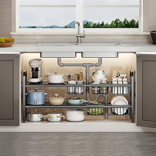 Under Sink Organizer，2 Tier Expandable Heavy Duty Metal Shelf，with 5 Removable Panels and 5 Storage Basket for Under Kitchen Bathroom Sink Organizers and Storage(Black, Large) - color: Black, size: Large