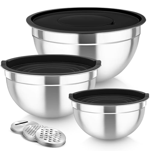 TeamFar Mixing Bowls, Stainless Steel Nesting Salad Bowls with Lids Set of 3 & 3 Grater Attachments, For Mixing/Serving/Storing, Non-toxic & Long-lasting, Size 4.6/3 / 1.5 QT, Black - color: Black, style: Airtight Lids