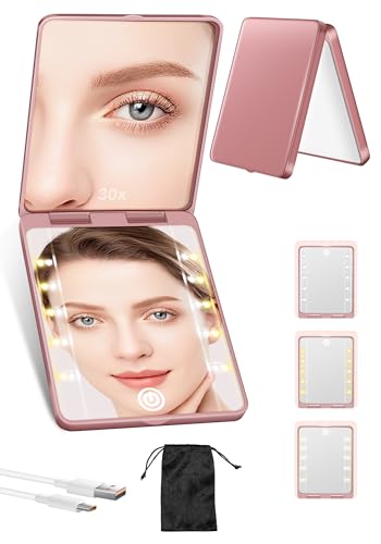 Compact Mirror, Rechargeable 30X Magnifying Mirror with 3 Lighting Modes & Dimmable Brightness, Portable Travel Makeup Mirror with Light, Essentials for Travel, Pocket, Purse, Gifts for Women Rose - color: Rose Gold
