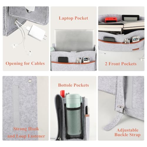 Surblue Bedside Caddy Felt Bed Storage Organizer Hanging Bag with Tissue Box and Water Bottle Pocket for Mattress, Sofa, Bunk Bed, Light Gray - color: Light Gray