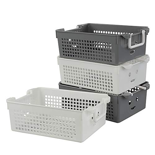 Stackable Plastic Storage Baskets/Bins Organizer with Handles, Set of 4 (White, Grey) - size: stacking baskets