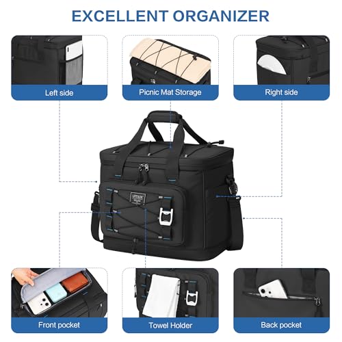 Large Insulated Cooler Bag, 50 Can Soft Sided Collapsible Ice Chest for Camping, Travel, Grocery, Kayaking & Beach (Waterproof, Leak-Proof, 30L) - color: Black