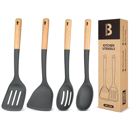 Silicone Cooking Utensils Set, Perfectly Angled for Frying, Mixing,Serving,Draining,Turning and Stirring, BPA-Free Matte Silicone, Wood Handles, Safe for Nonstick Cooking Surfaces,4 Pack (Grey) - color: Gray