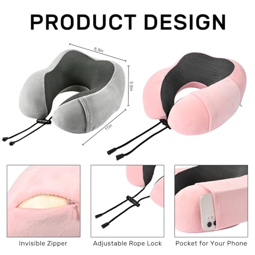 urnexttour Neck Pillow Airplane-2 Pack Memory Foam Travel Pillow, Soft Support Travel Neck Pillow for Travelling, Sleeping Rest, Car, Train and Home Use (Grey&Pink) - color: Grey&pink