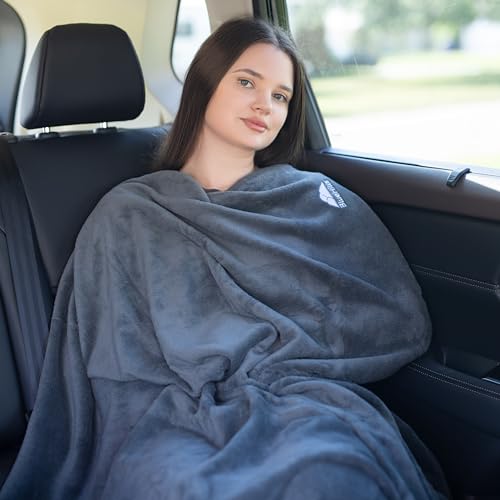 BlueHills 2-Pack Premium Soft Travel Blanket Pillow Airplane Blanket in Soft Bag Pillowcase with Hand Luggage Belt and Backpack Clip, Compact Pack Large Blankets for Any Travel (Grey Gray T013) - color: Gray-2pk-t013