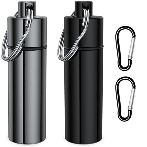 Small Pill Box,(2 Pack+2*Carabiner Clips) Keychain Pill Holder Portable Mini Travel Pill Container Metal Case Bottle with Keyring - color: Gray+black+2*carabiner Clips