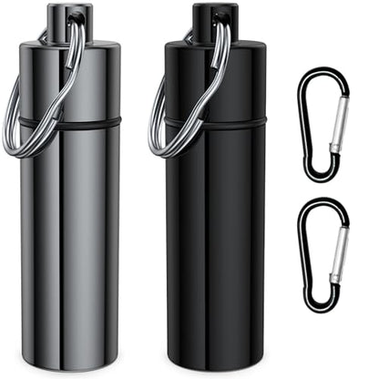 Small Pill Box,(2 Pack+2*Carabiner Clips) Keychain Pill Holder Portable Mini Travel Pill Container Metal Case Bottle with Keyring - color: Gray+black+2*carabiner Clips
