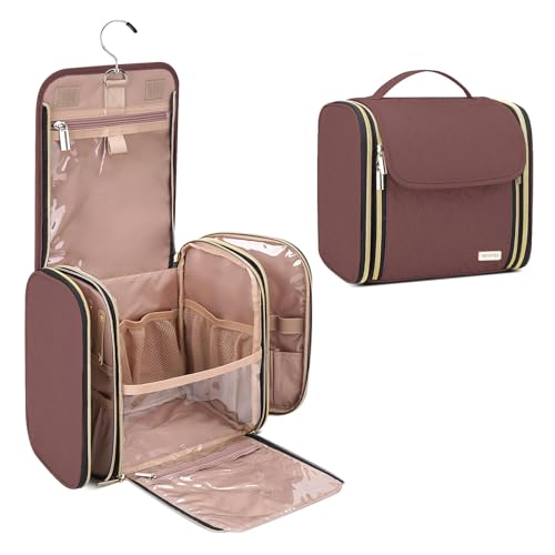 Hanging Toiletry Bag & Makeup Bag for Women with Jewelry Organizer - TSA Approved Large Capacity Travel Cosmetic Organizer, Waterproof Shower Essentials Case with Transparent Pockets - color: Rosewood, style: Minimalist