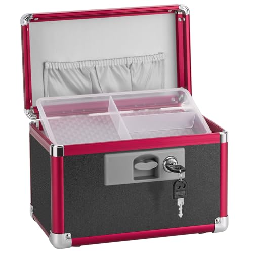 Small Medication Lock Box with Key (10"x6"x6.7") - Childproof Aluminum Medicine Storage Safe for Prescriptions & First Aid - Secure Portable Pill Organizer for Travel, Home (Black & Red) - color: Black Red, size: Small