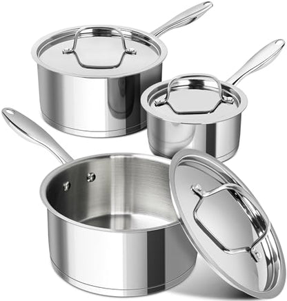 MICHELANGELO Stainless Steel Saucepan Set with Stainless Lids, Tri-Ply Bottom Sauce Pan with Lid, Sauce Pot Set 1QT & 2QT &3QT, Nonstick Saucepan, Dishwasher Safe - size: 1+2+3 QT