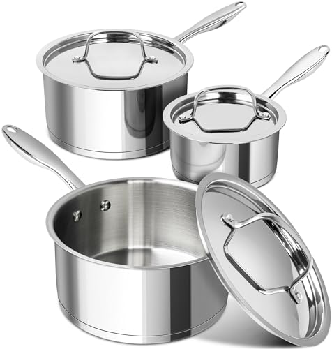 MICHELANGELO Stainless Steel Saucepan Set with Stainless Lids, Tri-Ply Bottom Sauce Pan with Lid, Sauce Pot Set 1QT & 2QT &3QT, Nonstick Saucepan, Dishwasher Safe - size: 1+2+3 QT