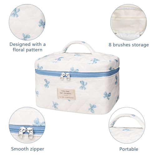 Gosect Large Makeup Bag, Cute Cosmetic Bag for Women Girls, Floral Coquette Aesthetic Toiletry Bag, Travel Make Up Organizer Bag (White Blue Butterfly Flower) - color: 080White Blue Butterfly Flower