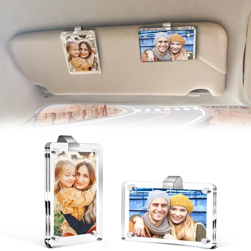 Betus 2 Pack Car Picture Holder, 2.4 x 3.5 Inch Acrylic Magnetic Photo Frame Fits 3'' Photos with Nano Adhesive Clip, Sun Visor Photo Holder for Family Pictures, Travel Souvenirs, Car Accessories Gift