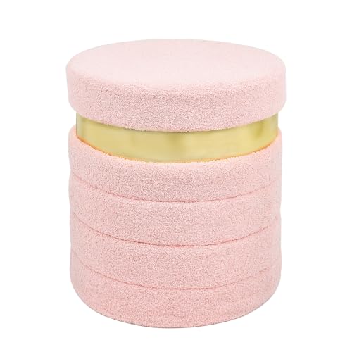 Round Ottoman with Storage, Foldable Vanity Stool with Soft Padded, Boucle Foot Stool for Dorm Room, Living Room and Bedroom, Pink