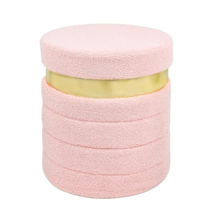 Round Ottoman with Storage, Foldable Vanity Stool with Soft Padded, Boucle Foot Stool for Dorm Room, Living Room and Bedroom, Pink