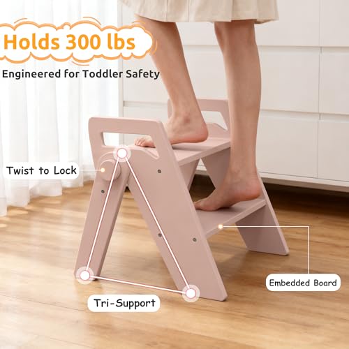 Wooden 2 Step Stool for Toddler Kids Bathroom Foldable 2-Step for Toilet Potty Training, Child Stepping Stool for Kitchen Nursery Bedroom Pink - color: Pink
