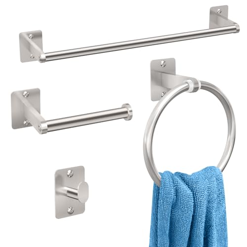 KLJKPA Brushed Nickel Bathroom Accessories Set, 4 Pieces Bathroom Hardware Set, 16 inch Towel Bar, Towel Racks for Bathroom, Robe Towel Hooks, Toilet Paper Holder Wall Mounted - color: Brushed Nickel (4 Piece), size: 16 inch