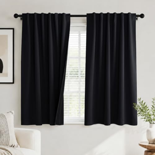 PONY DANCE Black Kitchen Blackout Curtains Over Sink, Short Half Curtains for Bathroom Basement Small Window Decor, Thermal Insulated Light Blocking Bedroom Draperies, W 42 x L 45 inches, 2 Panels Set - color: Black, size: 42"W x 45"L (Pack of 2)