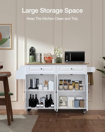 QSun Kitchen Island on Wheels Kitchen Cart with Rubber Wood Top, Mobile Kitchen Island with Double Storage Cabinet and Drawers, Island Table for Kitchen (White) - color: White