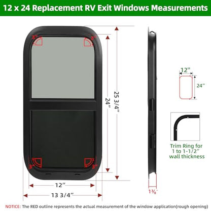 RV Camper Windows,RV Windows for Cargo Trailer Utility Travel Trailer Cargo Van Truck SUV 12"W x 24"H, Vertical Sliding Replacement Fit 15/16" or 1-3/8" Thick Wall,Allow Error 1/16",DOT Approved - size: 12"W x 24"H