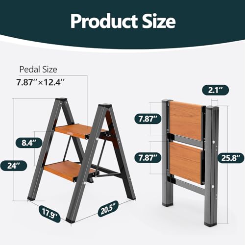 WOA WOA Step Ladder, Widening Pedals for Extra Balance, Lightweight Step Stool, Easy to Move Around, Foldable Ladder, Space Saving, Anti-Slip Stepladder 300 lbs Capacity (2 Step, Black & Wood Grain) - color: Black & Wood Grain, size: 2 Step