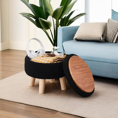 Wimarsbon Storage Ottoman, Modern Round Footrest with Soft Padded Seat, Teddy Velvet Footstool with Wood Legs, Accent Small Table or Plant Stand for Hallway, Living Room (Black) - color: Black