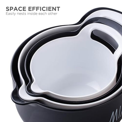 Rae Dunn Non-Slip Mixing Bowls - 4 Piece Nesting Plastic Mixing Bowl Set with Pour Spouts and Handles-Measurement Markings (Black) - color: Black
