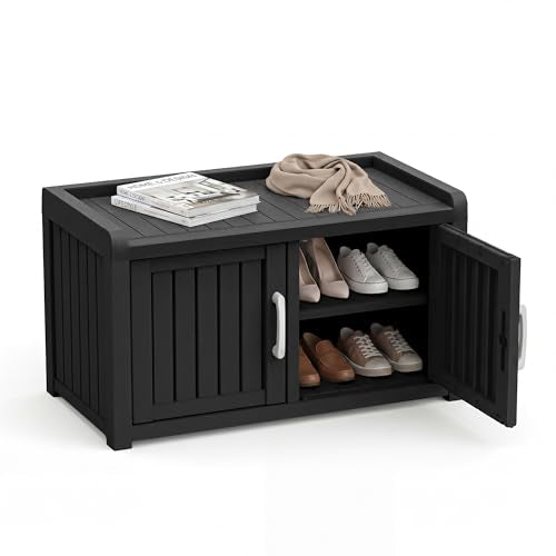 2-Tier Storage Bench, Waterproof UV-Resistant Outdoor Shoe Storage Cabinet ，Outdoor Shoe Rack with 2 Doors & Adjustable Shelves for Indoor Outdoor Entryway, Hallway, Living Room (Black) - color: Black, size: Double doors