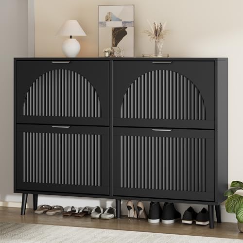 Shoe Storage Cabinet with 4 Flip Drawers, Narrow Wood Shoe Organizer Cabinet with Fluted Panel, Slim Shoe Rack for Entryway, Freestanding Shoe Cabinet for Living Room, Hallway, Black - color: Black, size: 4-Drawers