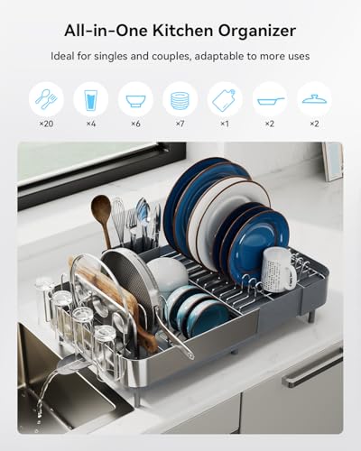 SUNLY Expandable Dish Drying Rack, Versatile Brackets for Pots & Pans, Space Saving Kitchen Drying Rack, Dish Racks for Kitchen Counter, Stainless Steel Dish Drainers with Extendable Spout, Gray - color: Gray