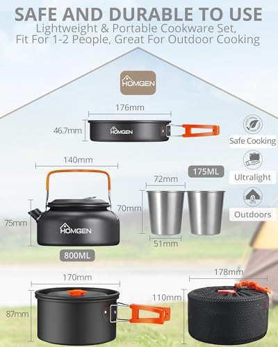 HOMGEN Portable Ultralight Anodized Aluminum Camping Cookware Set - Nesting Camping Pot and Pan-800ml Insulated Teapot-Carrying Bag-for Camping Hiking Picnic RV Trip - size: For 2 People