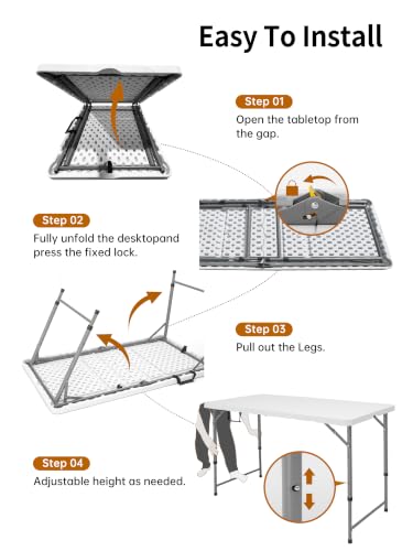 Folding Camping Table 4 Foot Adjustable Height 350lbs, 4FT Folding Picnic Card Table for Outdoor, Plastic Rectangular Dining Work Tables for Indoor, Heavy Duty Fold-in-Half Tray Tables - size: 4 FT