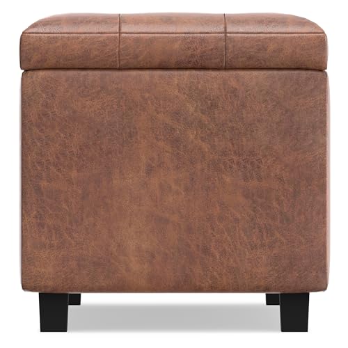SIMPLIHOME Cosmopolitan Storage Ottoman - 34 inch Wide Upholstered Vegan Leather Rectangle Storage Ottoman Bench in Distressed Saddle Brown, Transitional Tufted Ottoman for Entryway with Lift-Up Lid - color: Distressed Saddle Brown