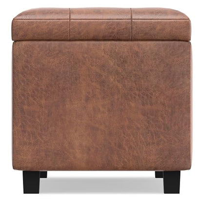 SIMPLIHOME Cosmopolitan Storage Ottoman - 34 inch Wide Upholstered Vegan Leather Rectangle Storage Ottoman Bench in Distressed Saddle Brown, Transitional Tufted Ottoman for Entryway with Lift-Up Lid - color: Distressed Saddle Brown