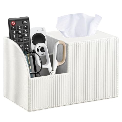 Square Tissue Box Cover with Storage, PU Leather Cube Tissue Box Holder, Remote Control Nightstand Organizer, Modern Desk Caddy for End Table, Bathroom, Bedroom, Home, Office Decor - color: White Rome