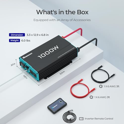 Renogy 1000W Pure Sine Wave Inverter 12V DC to 120V AC Converter for Home, RV, Truck, Off-Grid Solar Power 110V with Built-in 5V/2.1A USB Port, Hardwire Remote Controller - size: 1000W(No BT & ATS)