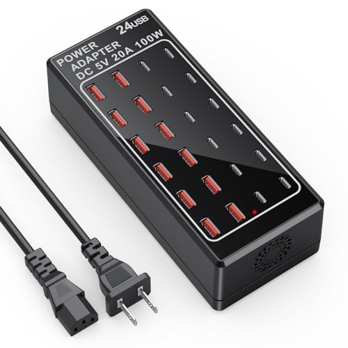 USB Charger Station, C Charging Block, 100W (20A) 24 Port Multiple USBCharger Desktop Wall Charger Hub 12 USB A 12 USB C Compatible for Apple iPhone, iPad, Samsung Galaxy, Laptop, Pixel, Phones - color: Black-24 port