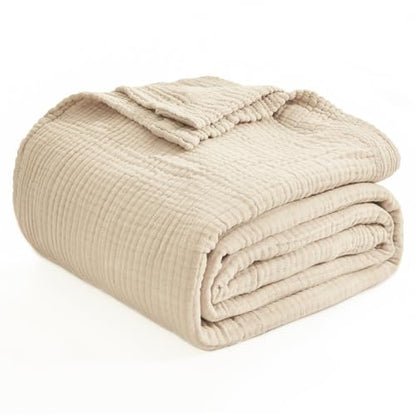 EMME Cotton Blanket Queen Size for Bed Soft Muslin Bed Blankets 90"x90" Beige Lightweight Breathable Bedspread Coverlet All Season Gauze - color: 02 - Beige, size: Queen (90" x 90")