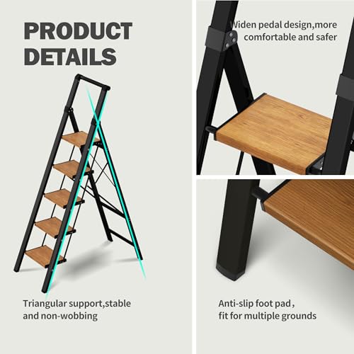 5 Step Ladder, Lightweight Folding Step Stool with Anti-Slip Aluminum Wide Pedal& Convenient Handgrip, 330lbs Capacity Steel Ladder for Household and Office (Black&Woodgrain) - color: Black&woodgrain, size: 5 Step