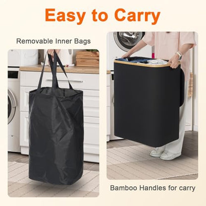 GARPROVM Double Laundry Hamper with Lid 150L Large Laundry Basket with Bamboo Handles Foldable Clothes Hampers with 2 Removable Liner Bags for Laundry for Bedroom Bathroom Dorm Laundry Room, Black - color: Black
