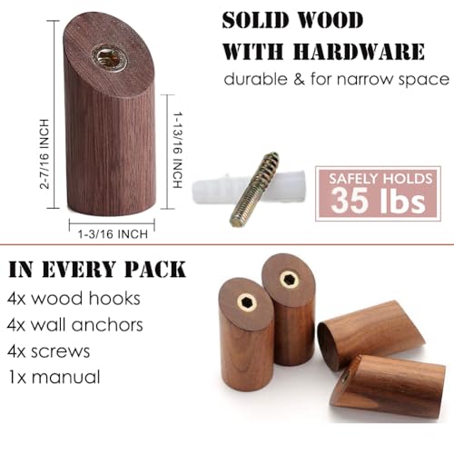 Felidio Wood Wall Hooks, 4 Pack Coat Hooks Wall Mounted, Rustic Wooden Heavy Duty Robe Hook Hat Rack, Hooks for Hanging Bathroom Towels Clothes Hanger (Walnut Wood) - color: A for Walnut Wood (pack of 4 units)