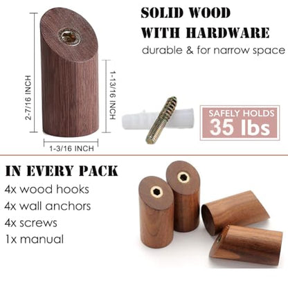 Felidio Wood Wall Hooks, 4 Pack Coat Hooks Wall Mounted, Rustic Wooden Heavy Duty Robe Hook Hat Rack, Hooks for Hanging Bathroom Towels Clothes Hanger (Walnut Wood) - color: A for Walnut Wood (pack of 4 units)