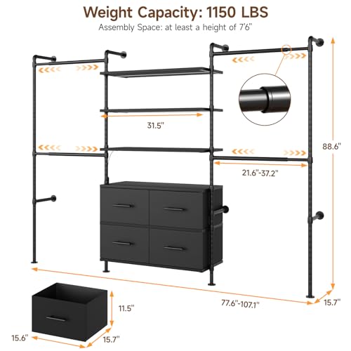 T3 Closet System with Stepless Dimmable LED Light, Industrial Pipe Clothing Rack with 4 Drawers, 6 Wooden Shelves & 4 Telescopic Rods, Heavy Duty Closet Organizers in Wardrobe Closet (Black) - color: Black