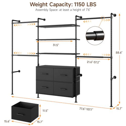 T3 Closet System with Stepless Dimmable LED Light, Industrial Pipe Clothing Rack with 4 Drawers, 6 Wooden Shelves & 4 Telescopic Rods, Heavy Duty Closet Organizers in Wardrobe Closet (Black) - color: Black