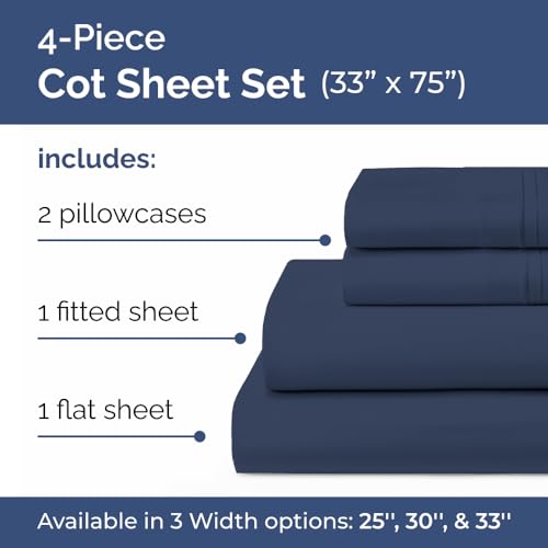 Cot Sheet Set 33” x 75” – 4 Piece Cot Size Twin Mattress Sheets – Ideal for Camper Bunk, RVs, Bunks, Day Care, Camping & Guest Beds - Fits 6” to 10” Mattress - Comdy, Breathable & Cooling - Navy Blue - color: 24 - Navy Blue, size: Cot Sheets (33x75)