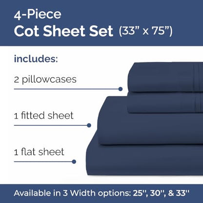 Cot Sheet Set 33” x 75” – 4 Piece Cot Size Twin Mattress Sheets – Ideal for Camper Bunk, RVs, Bunks, Day Care, Camping & Guest Beds - Fits 6” to 10” Mattress - Comdy, Breathable & Cooling - Navy Blue - color: 24 - Navy Blue, size: Cot Sheets (33x75)
