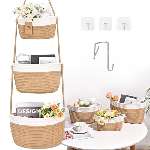Hanging Basket, 3-Tier Woven Wall Basket with 4 Hooks, Cotton Rope Storage Baskets, Over the Door Organizer for Nursery, Bedroom, Cottage and Boho Wall Decor - color: Jute & White, size: Classic